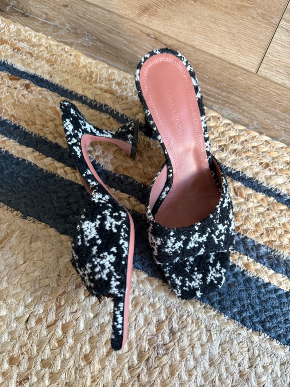 Amina Muaddi Black & White Tweed Slip-On Mule Heels with Pink Insole